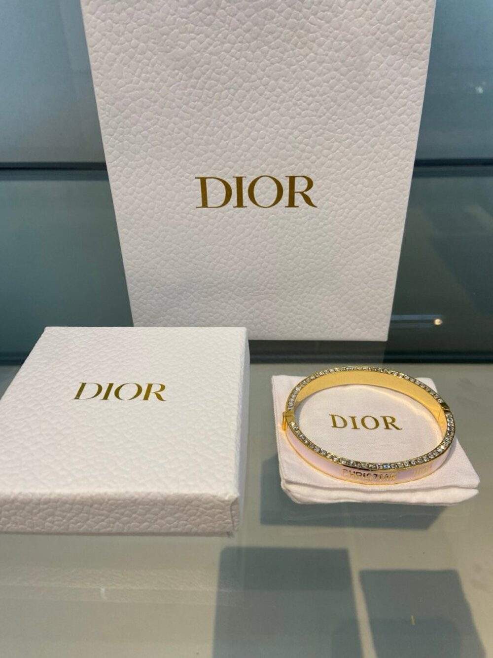 Dior Gold-Tone Pink Enamel Crystal Bangle Bracelet & Ring Set